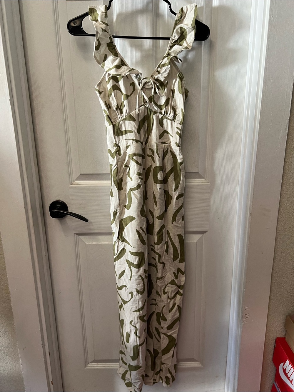 Cream jumpsuit with Olive Green Leaf Print and Tie Straps